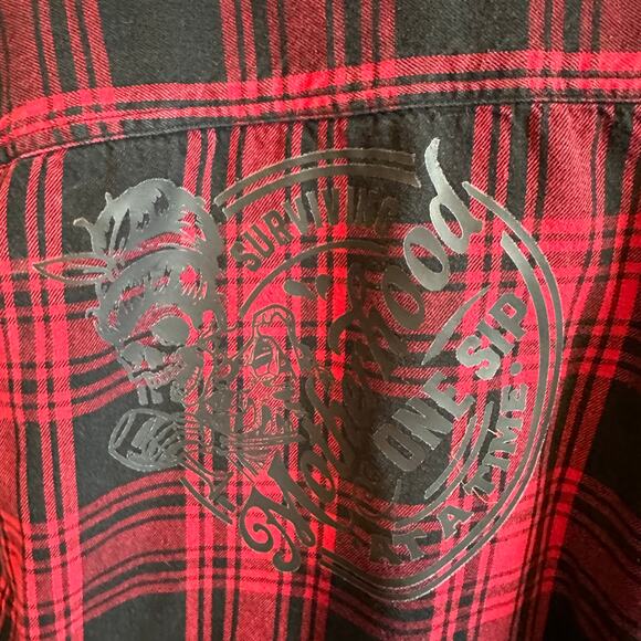 Motherhood & Wine Plaid Flannel Shirt Shacket Red LARGE Oversize Upcycle Unique - Picture 2 of 5